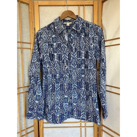 Appleseeds Women’s SM Blue Crinkled Cotton Geometric Print Button Down Shirt NWT - Picture 9 of 12